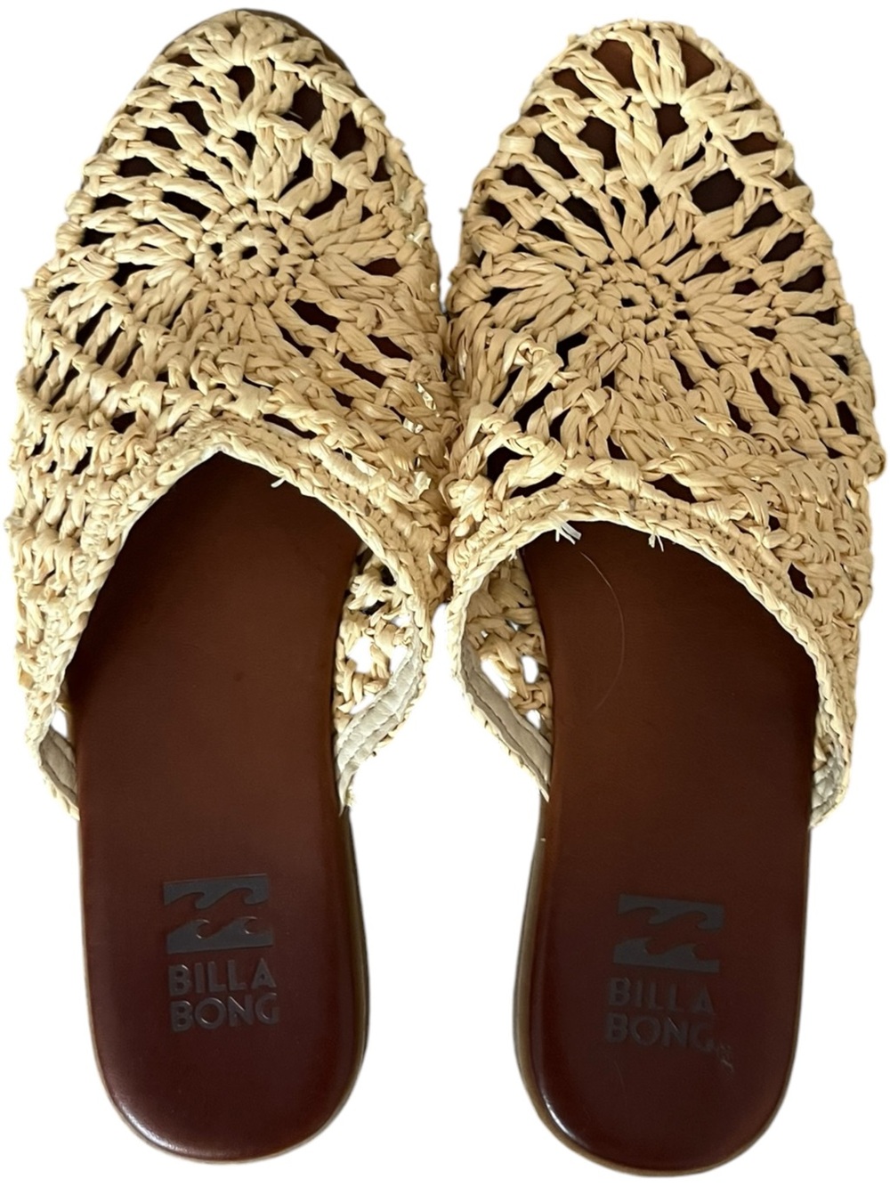 Billabong Cream Crochet Slip-On Mules with Brown Leather Footbed